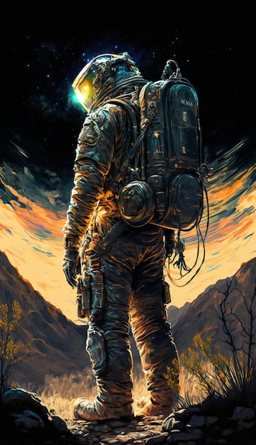 Fictional cowboy astronaut looking at event horizon