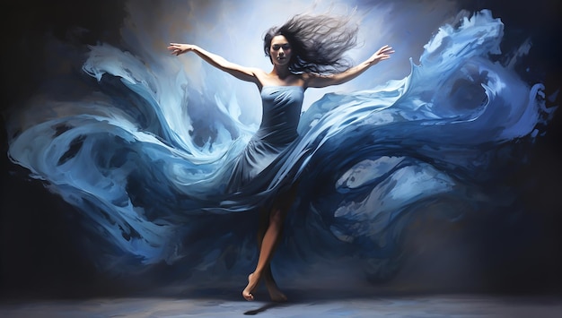 Fictional female figure dark hair and flowing blue dress AI generated