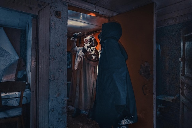 Fictional movie poster People with flashlights masks and protective clothing inspect old house Infected epidemic people in destroyed home Dark gloomy environment filter processing