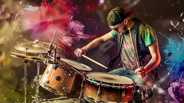 Photo a fictional person passionate drummer in action