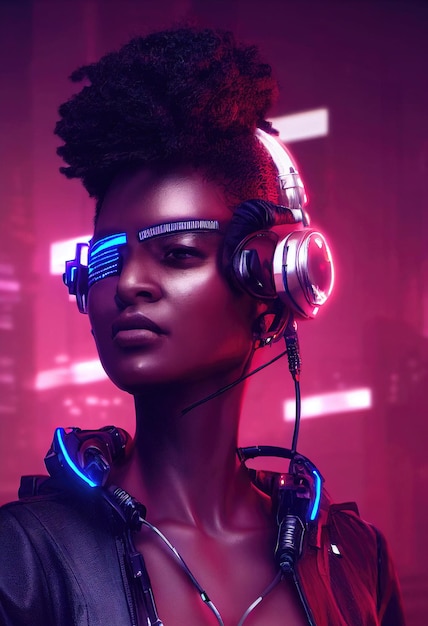 A fictional portrait of a ebony girl wearing a cyberpunk headset and cyberpunk gear