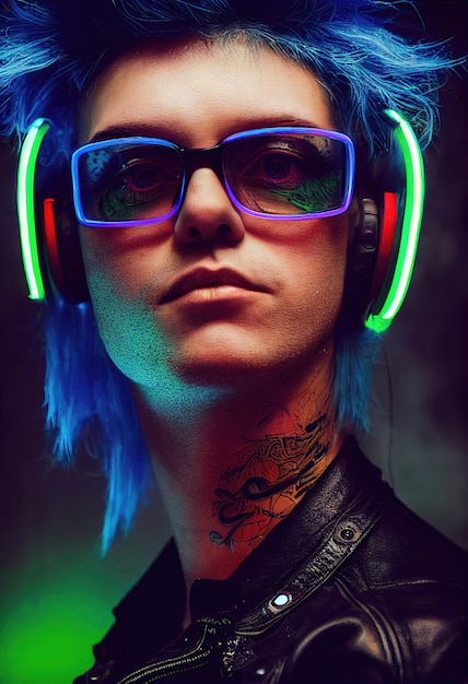 Fictional portrait of a fictional punk man with headphones and colored hair