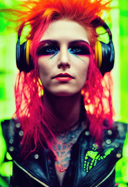 Fictional portrait of a fictional punk pretty girl with headphones and red hair