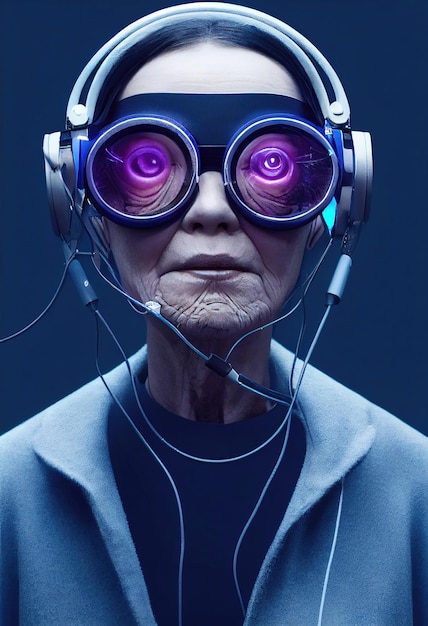 Fictional portrait of a grandmother in a futuristic cyberpunk style with a cyber headset