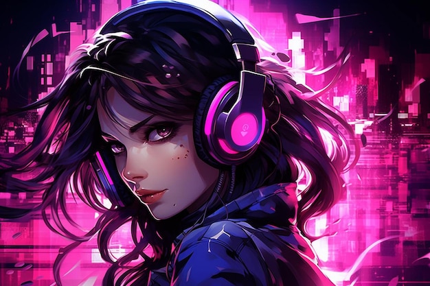 A fictional portrait of a scifi cyberpunk girl against a backdrop of neon lights hightech woman