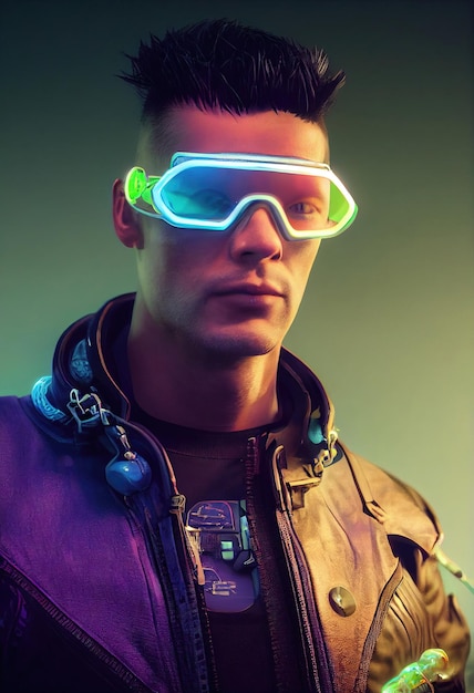 Fictional portrait of a scifi cyberpunk man Hightech futuristic man from the future