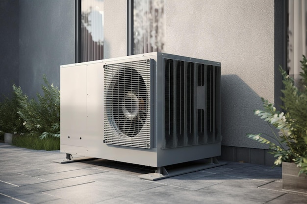 a fictitious air source heat pump mounted to a concrete base with vibration dampers on the outside