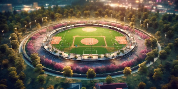 The field of a baseball game with lights