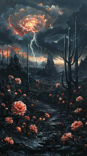 Field of Black Flowers and Cacti Eerie Ambiance