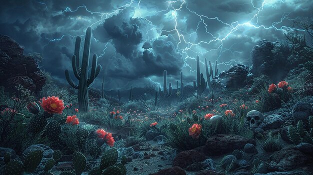 Field of Black Flowers and Cacti Eerie Ambiance