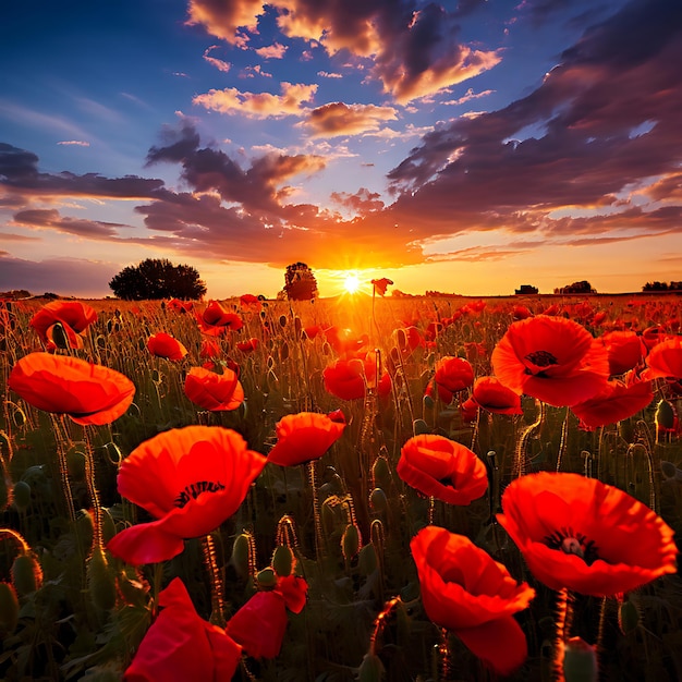 Photo field blooming poppies golden sunset