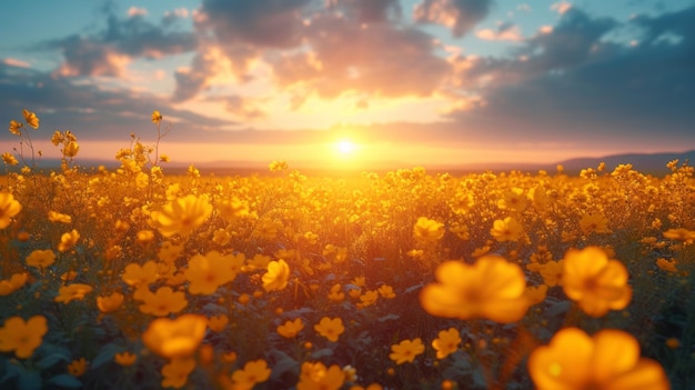 field of blooming yellow flowers on a background sunset