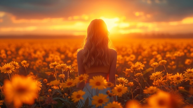 field of blooming yellow flowers on a background sunset