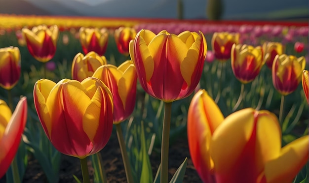 A field of blossoming flowers Tulips against the background of evening sunset