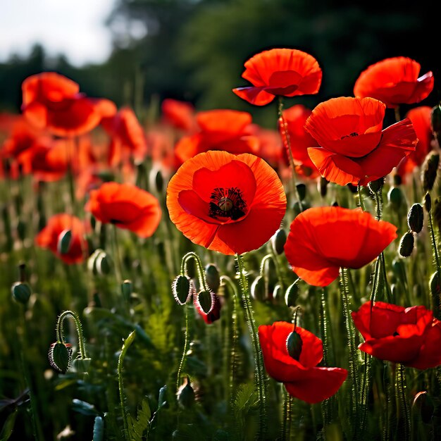 Field of bright red poppies blooming among tall green grasses