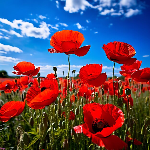 Photo field bright red poppies clear blue sky