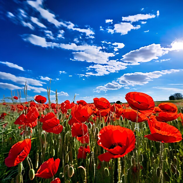 Photo field bright red poppies clear blue sky