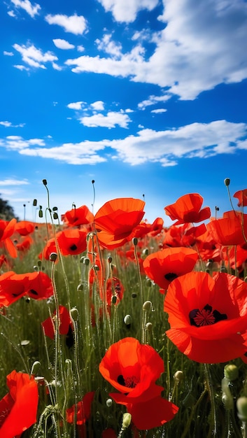 Field Bright Red Poppies Clear Blue Sky