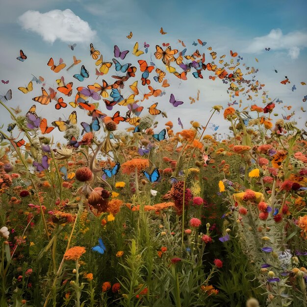 Photo a field of butterflies and flowers with a blue sky in the background