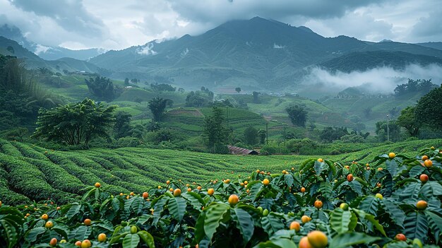 a field of coffee beans with mountains in the background