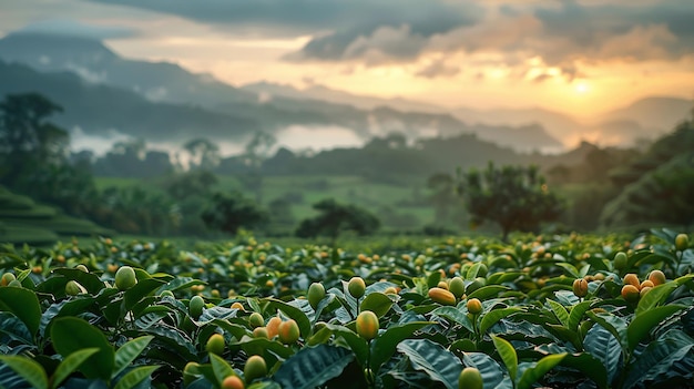 a field of coffee beans with the sun setting behind them