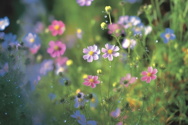 Field of colorful blooming cosmos flower in spring on morning Created with Generative AI technology