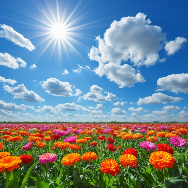 Field of colorful flowers under a bright blue sky