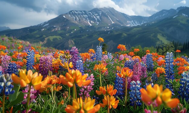 Photo a field of colorful flowers with mountains in the background