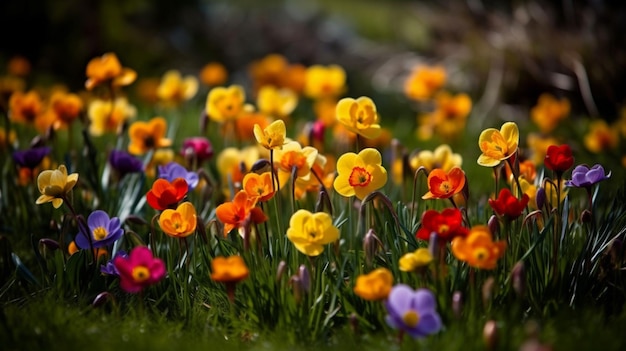 A field of colorful flowers with the word spring on it