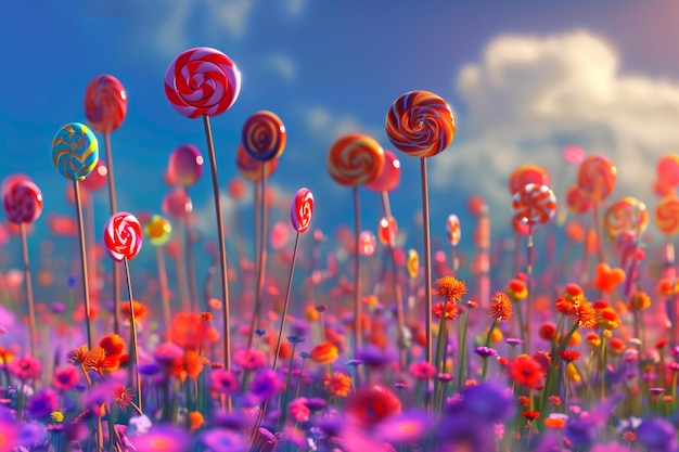 a field of colorful lollipops with the sky in the background