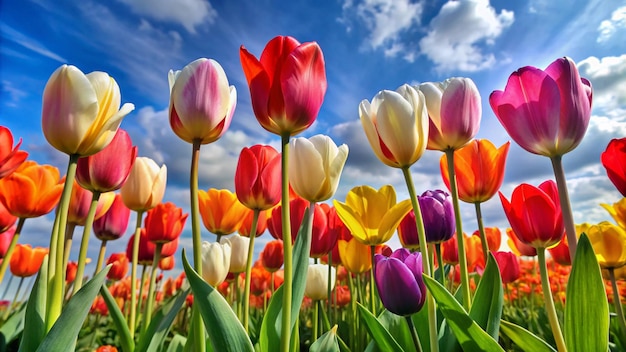 a field of colorful tulips with a blue sky in the background