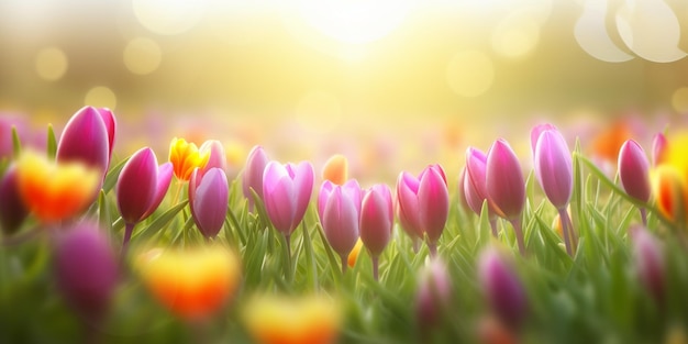 A field of colorful tulips with the sun shining on the background.