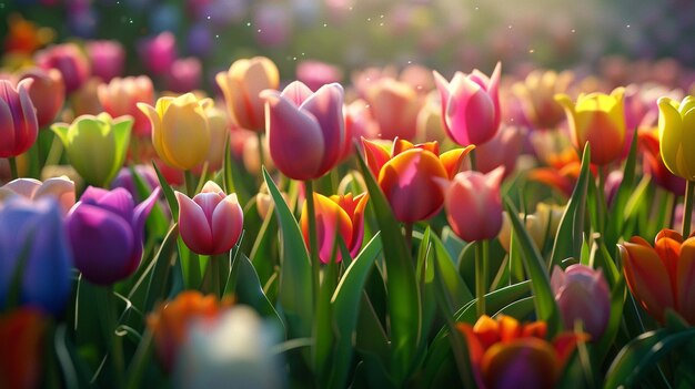 Photo a field of colorful tulips with the sun shining on them