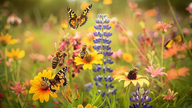 Photo field of colorful wildflowers in bloom buzzing with bees