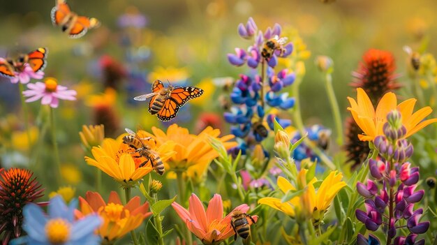 Field of Colorful Wildflowers in Bloom Buzzing with Bees