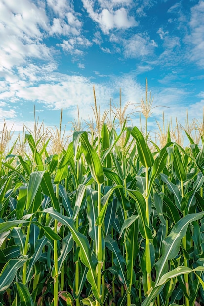 Field of corn under blue sky