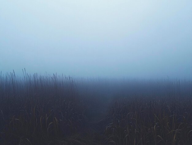 a field of corn in the fog with a field in the foreground