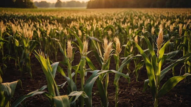 A field of corn is shown in the sunlight