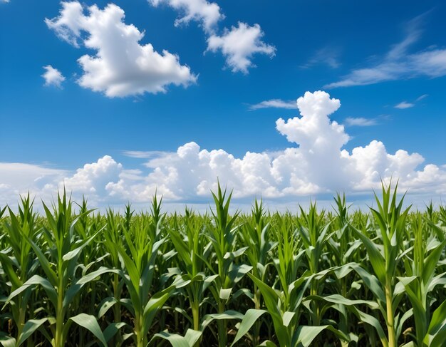 a field of corn with clouds in the sky and a blue sky with clouds