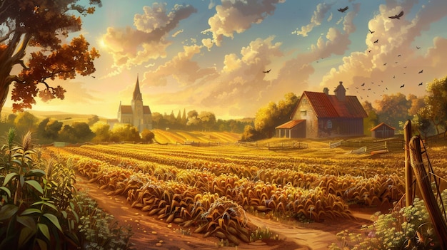 a field of corn with a house in the background