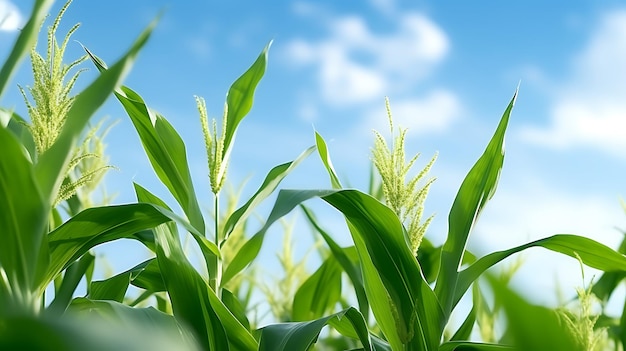 a field of corn with the sky in the background