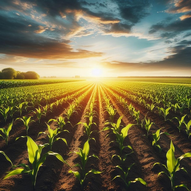 a field of corn with the sun shining behind it