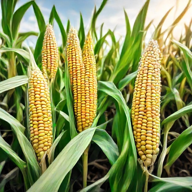 a field of corn with the sun shining through the clouds