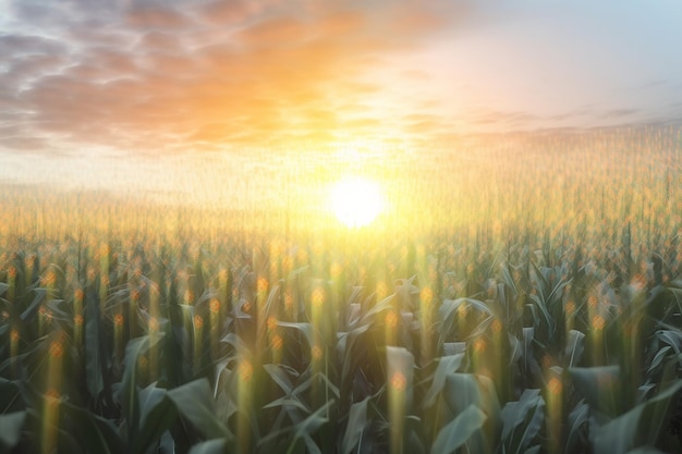 A field of corn with a sunset in the background