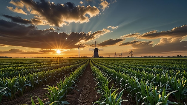 a field of corn with a windmill in the background