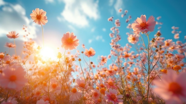 Field of cosmos flowers with sunlight Low angle view of pink blossoms against a blue sky