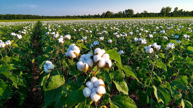 Field of cotton plants ready for harvest fluffy bolls