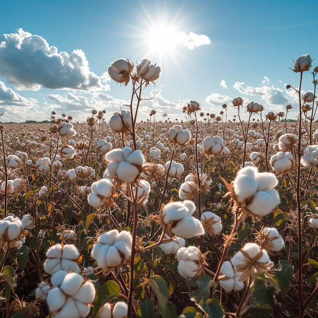 a field of cotton that has the sun shining through it