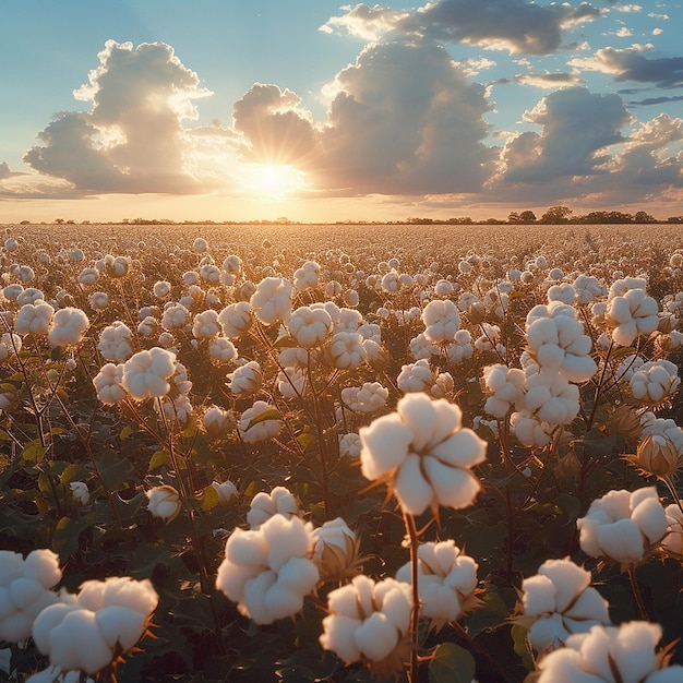 a field of cotton that has the sun shining through it