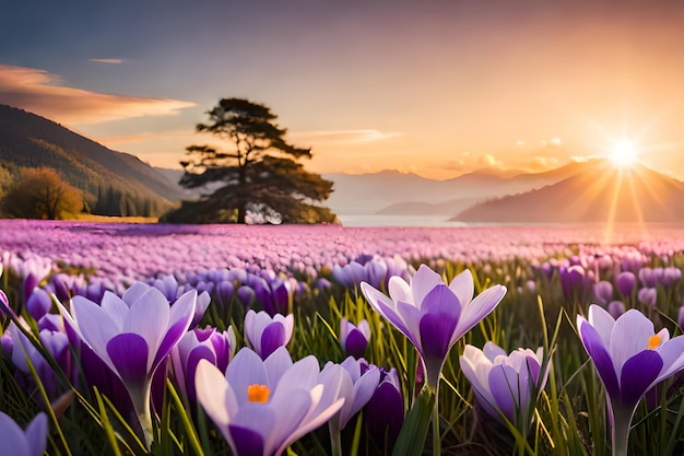 A field of crocuses with a mountain in the background